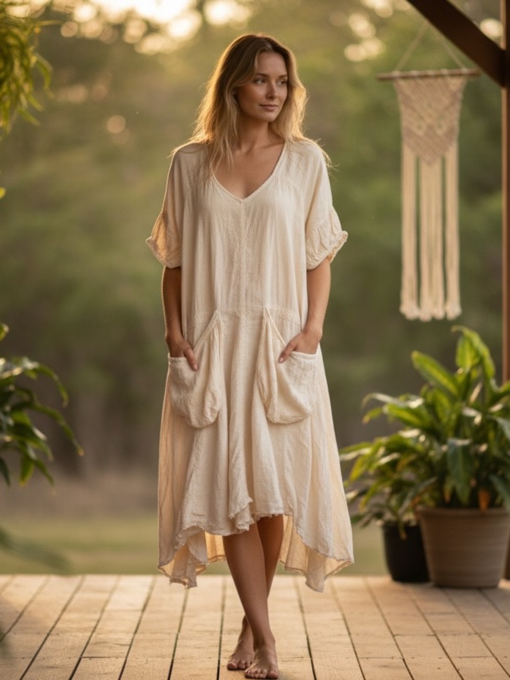 JP & MATTIE Pocket Midi Dress Cream M